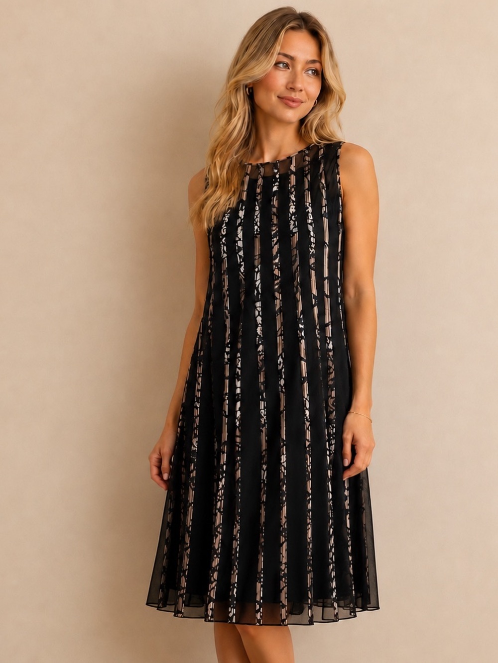 Sandra Darren Black Lace-Striped Midi Dress